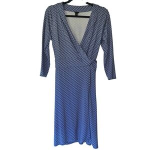 Ann Taylor Blue Diamond Print Long Sleeve Wrap Dress Career Work Casual‎